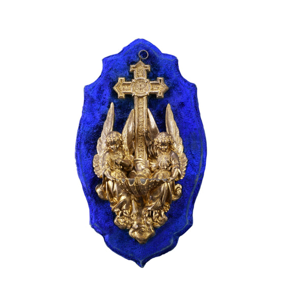 French Blue Wall Hanging Holy Water Font Angels