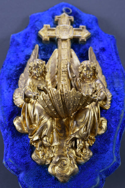 French Blue Wall Hanging Holy Water Font Angels