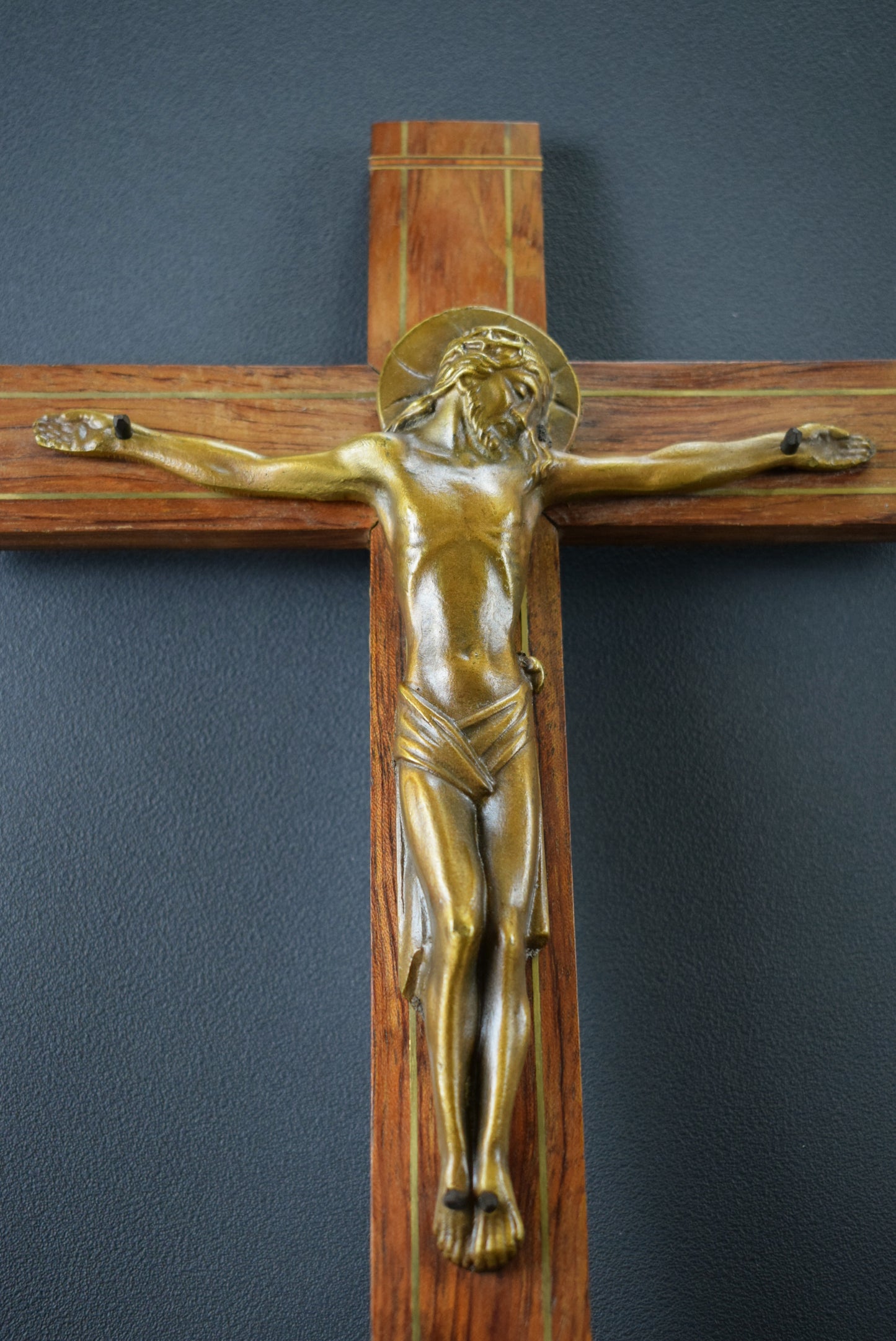 French Art Deco Gallo Bronze and Wood Wall Cross Crucifix