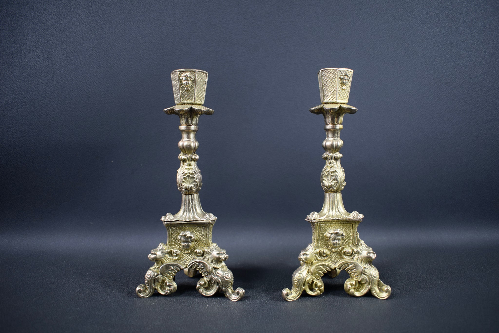 Pair of Gothic Bronze Candlesticks Chimera 19th