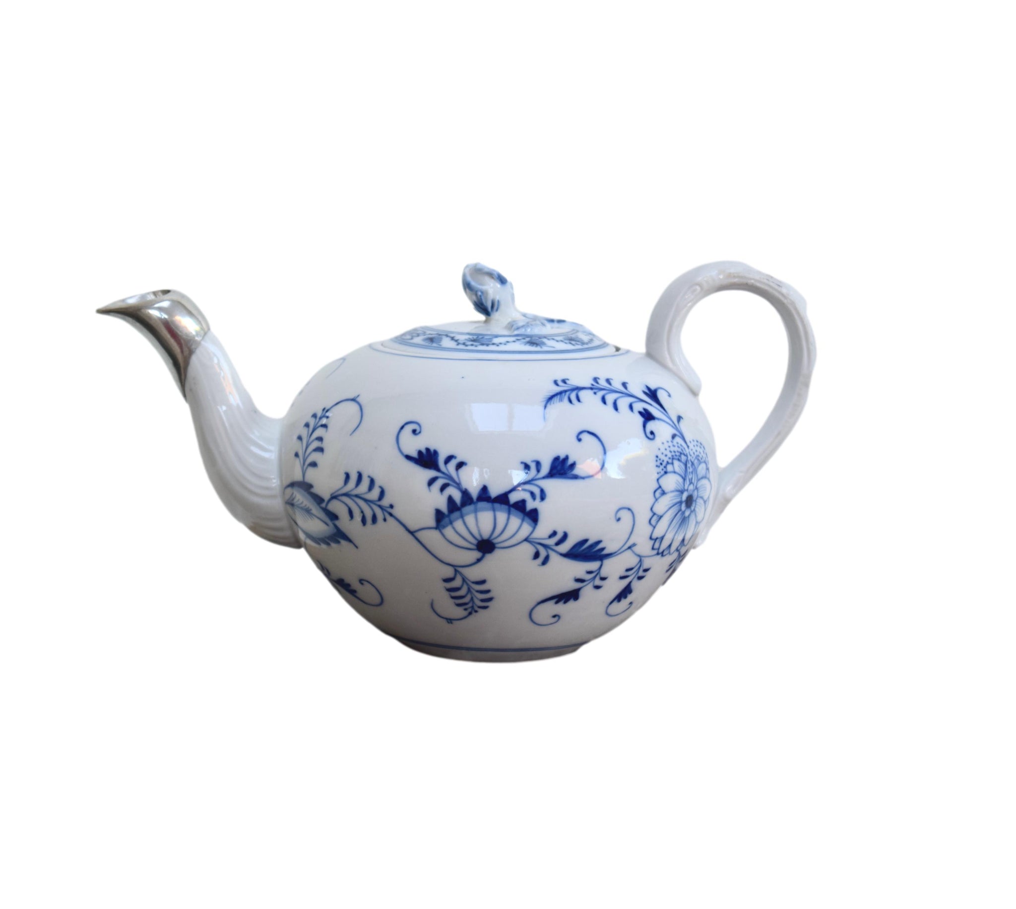 Vintage Meissen Porcelain Blue Onion Teapot Germany Silver Spout