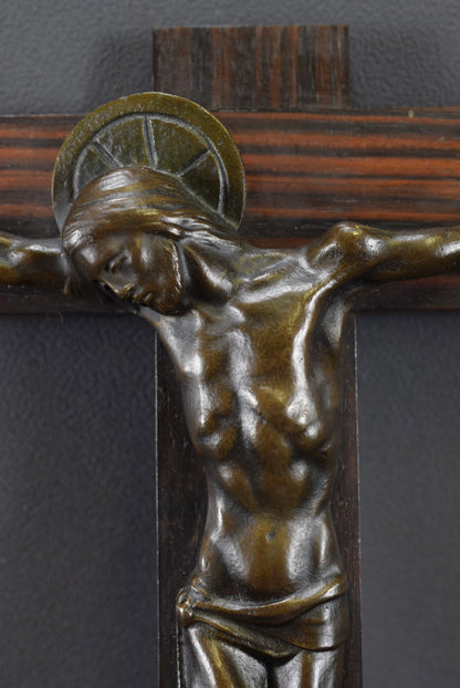 Art Deco Bronze and Macassar Wood Crucifix