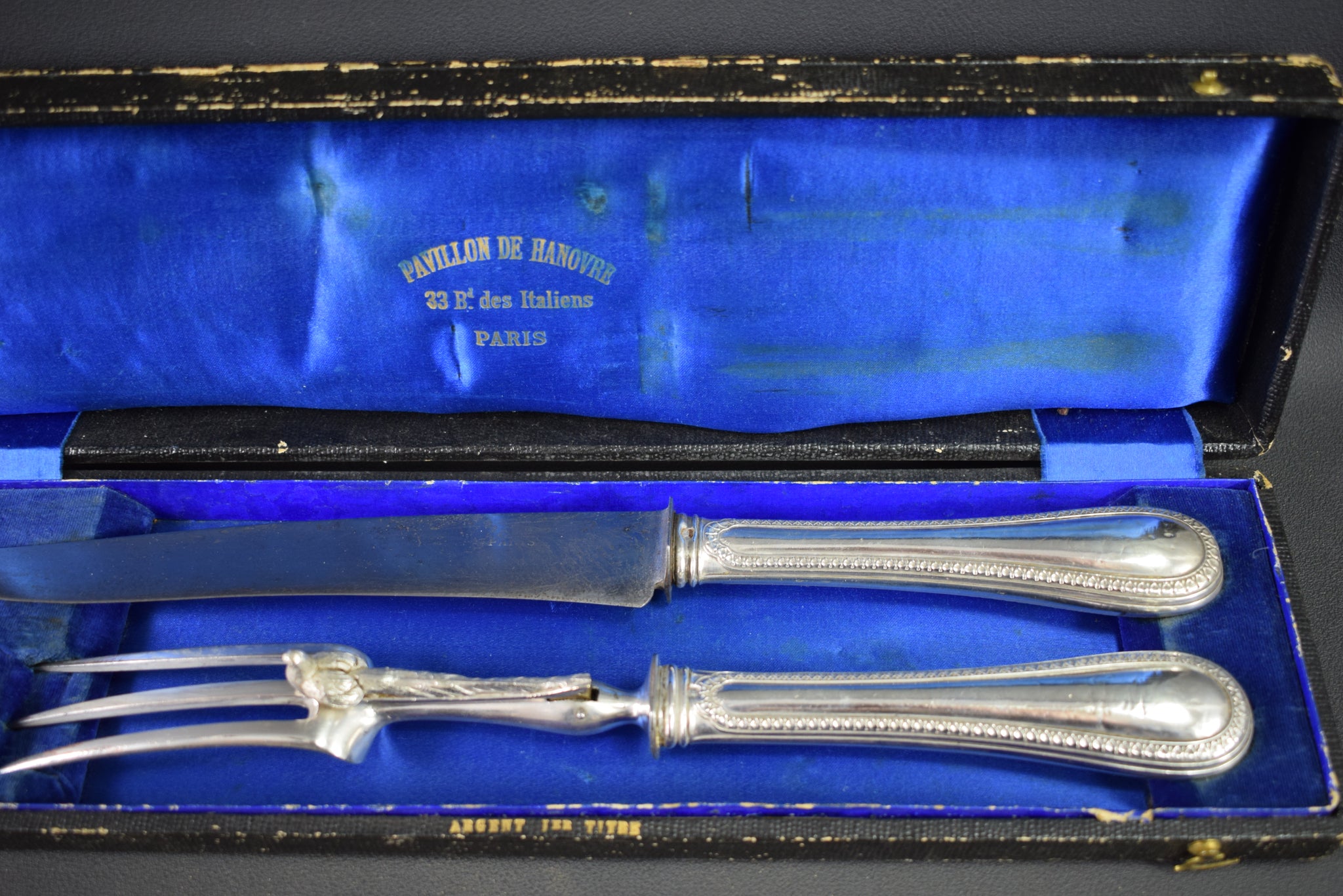 Vintage French 2pc Solid silver Carving Knife Set Minerva Hallmark 19th 