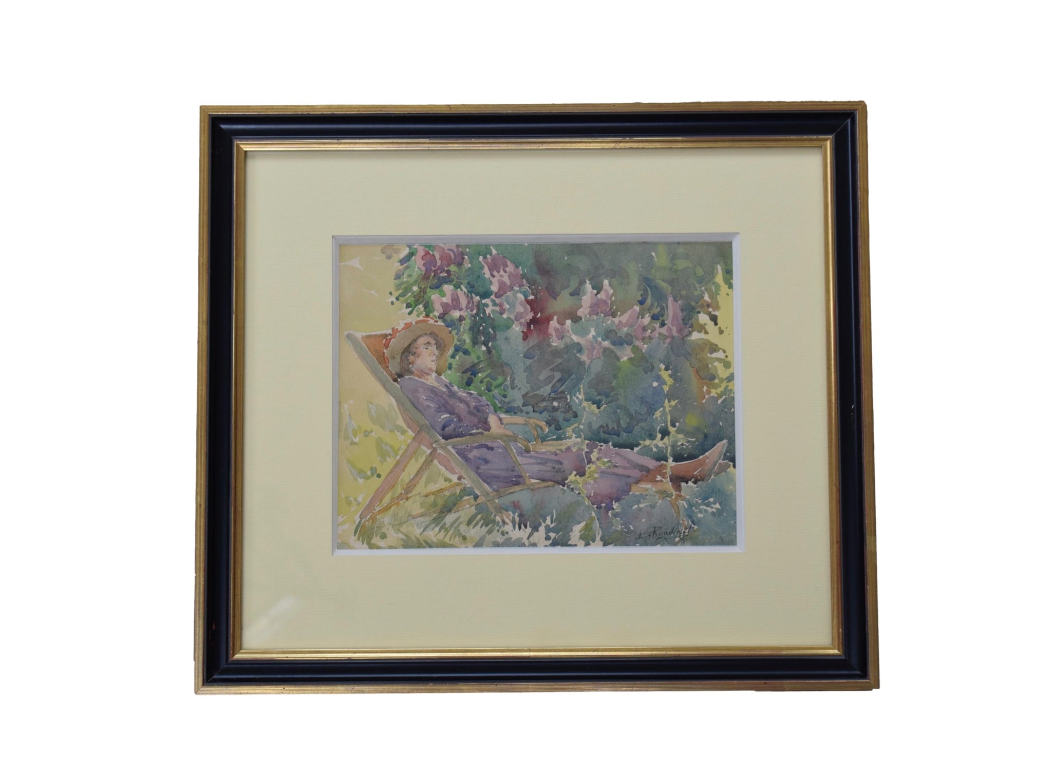 Watercolor Painting Frame Signed Emile Rondinet Woman resting Original Art