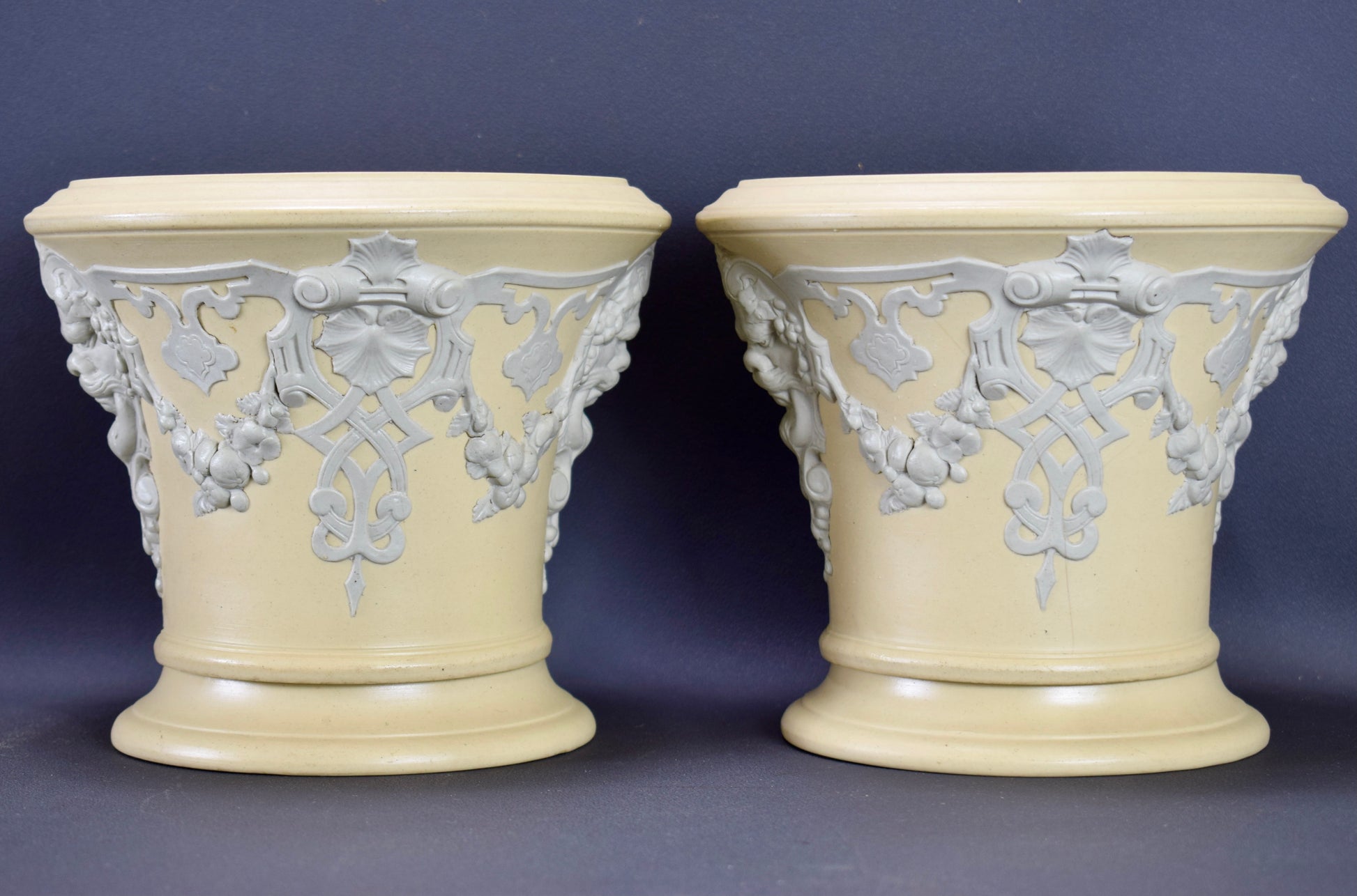 RARE Pair of Victorian Cache Pots by Sarreguemines Ceramic Wedgwood Jasper Ware