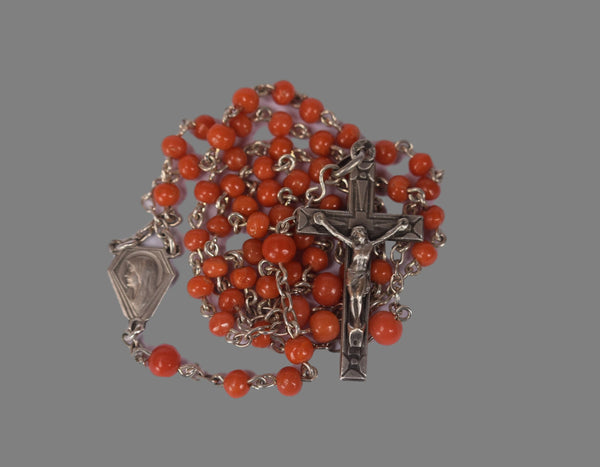 Art Deco Silver & Coral Rosary - Charmantiques
