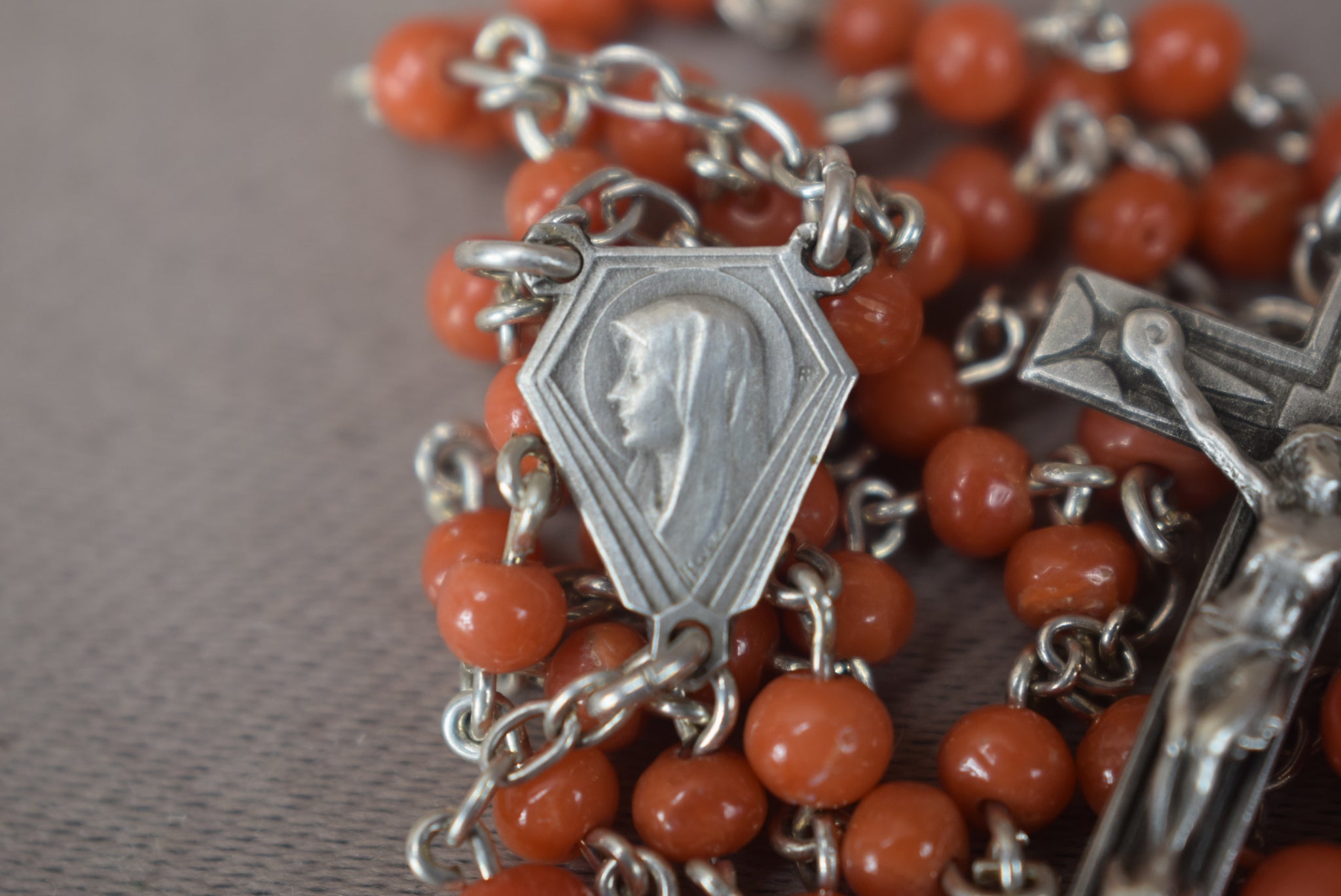 Art Deco Silver & Coral Rosary - Charmantiques