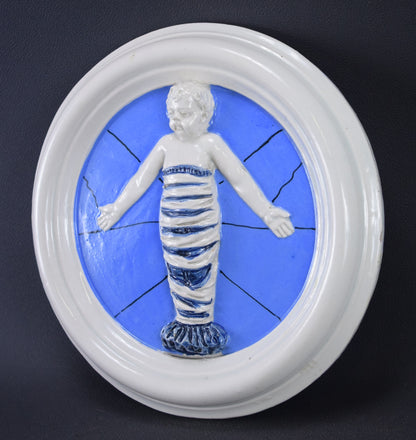 Vintage Italian Luca Della Robbia Blue & White Majolica Wall Medallion of Swaddled Jesus Child Plaque