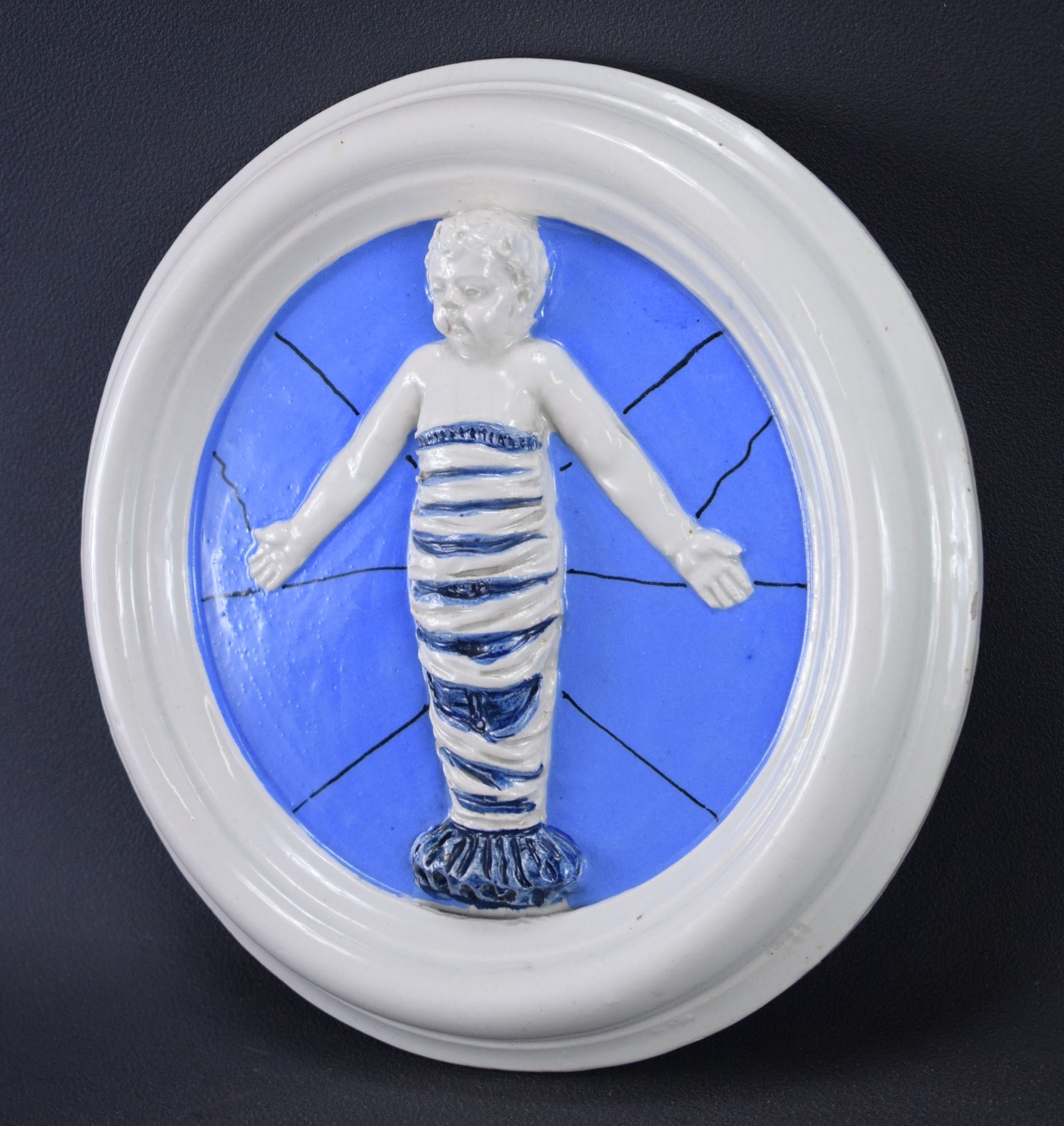 Vintage Italian Luca Della Robbia Blue & White Majolica Wall Medallion of Swaddled Jesus Child Plaque