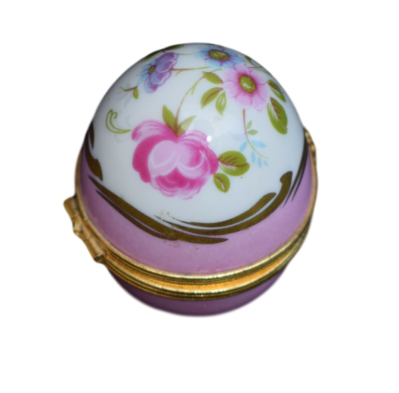 French Vintage Hand Painted Limoges Porcelain Egg Pill Box - Charmantiques