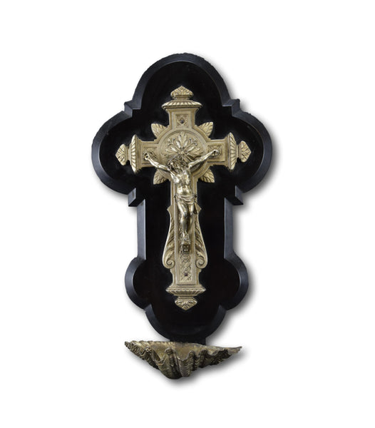 French Antique Black Wall Crucifix Holy Water Font