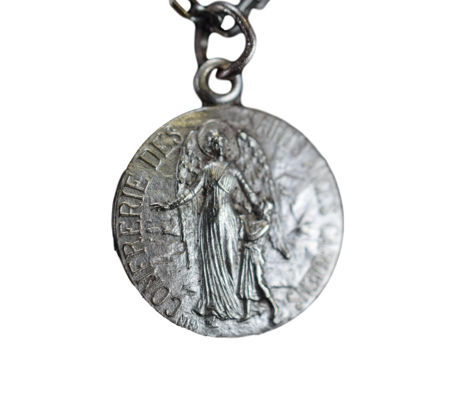 Antique French Medal Holy Guardian Angels Pendant Mary