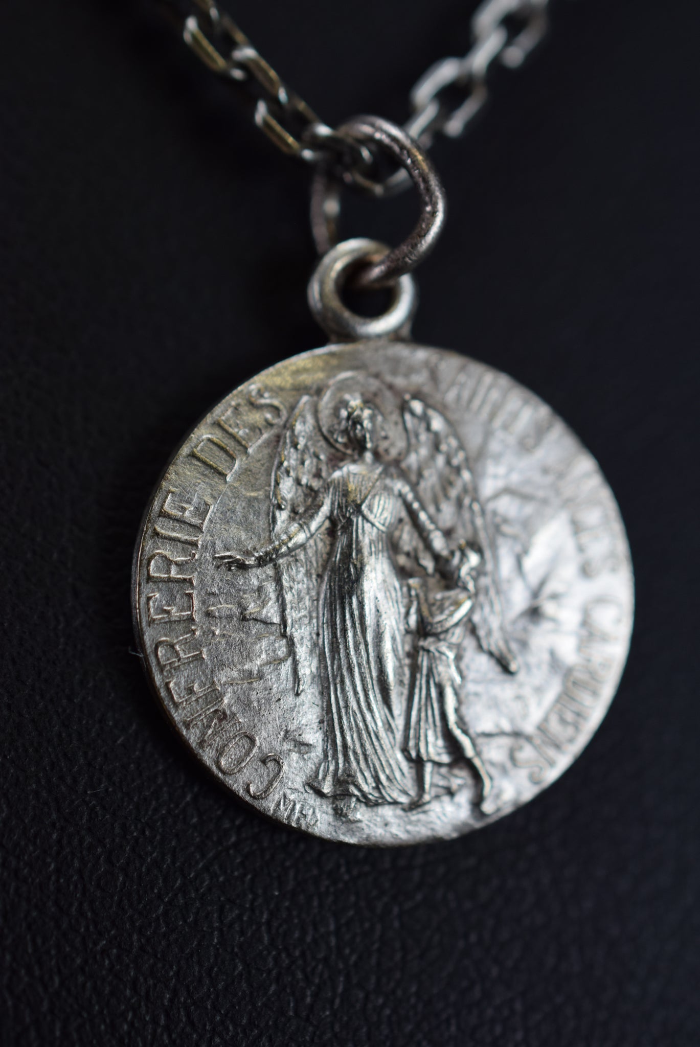 Antique French Medal Holy Guardian Angels Pendant Mary