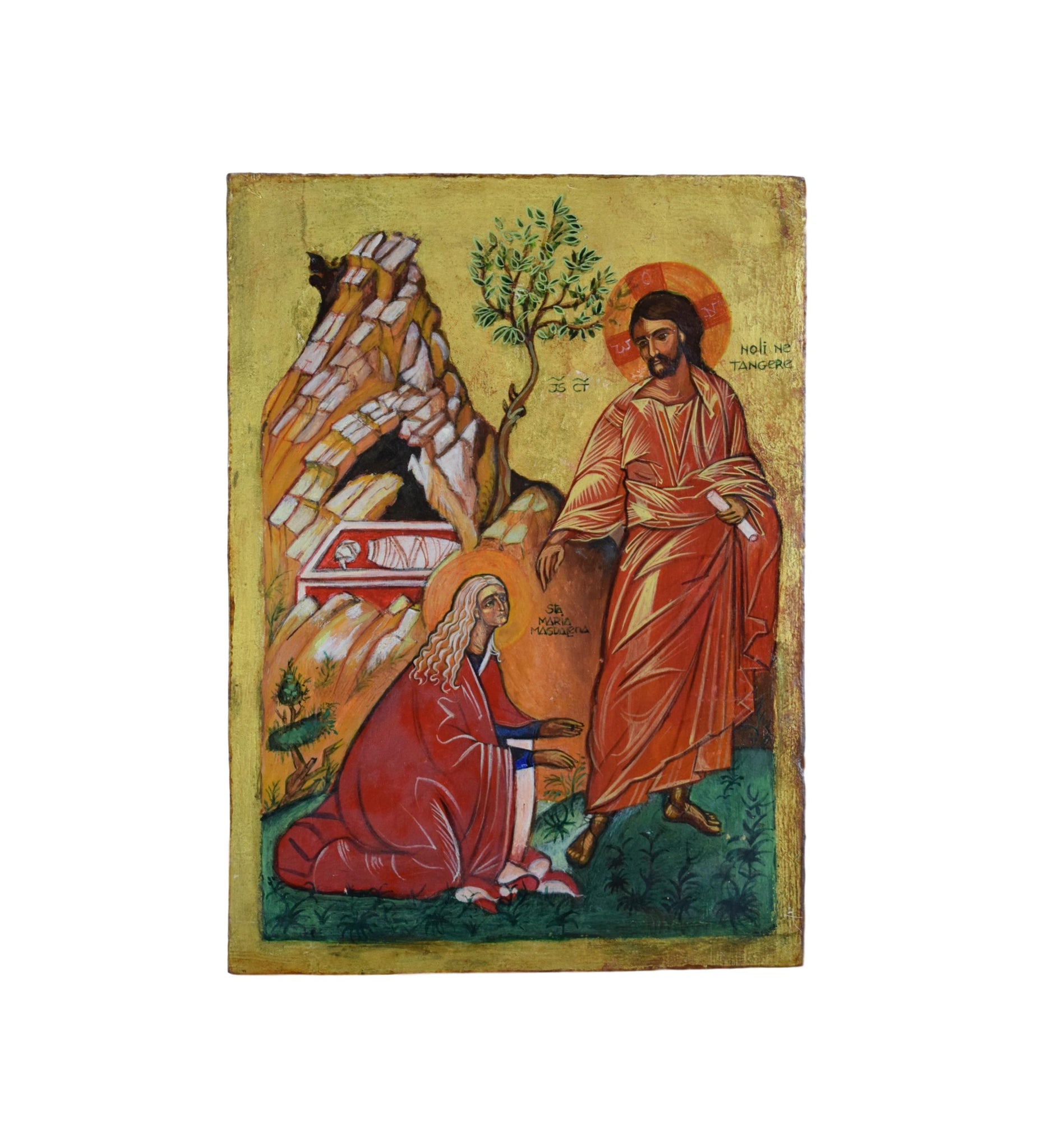 Vintage Jesus & Mary Magdalene in the Garden Greek Orthodox Icon Hand Painted on Wood Noli me Tangere