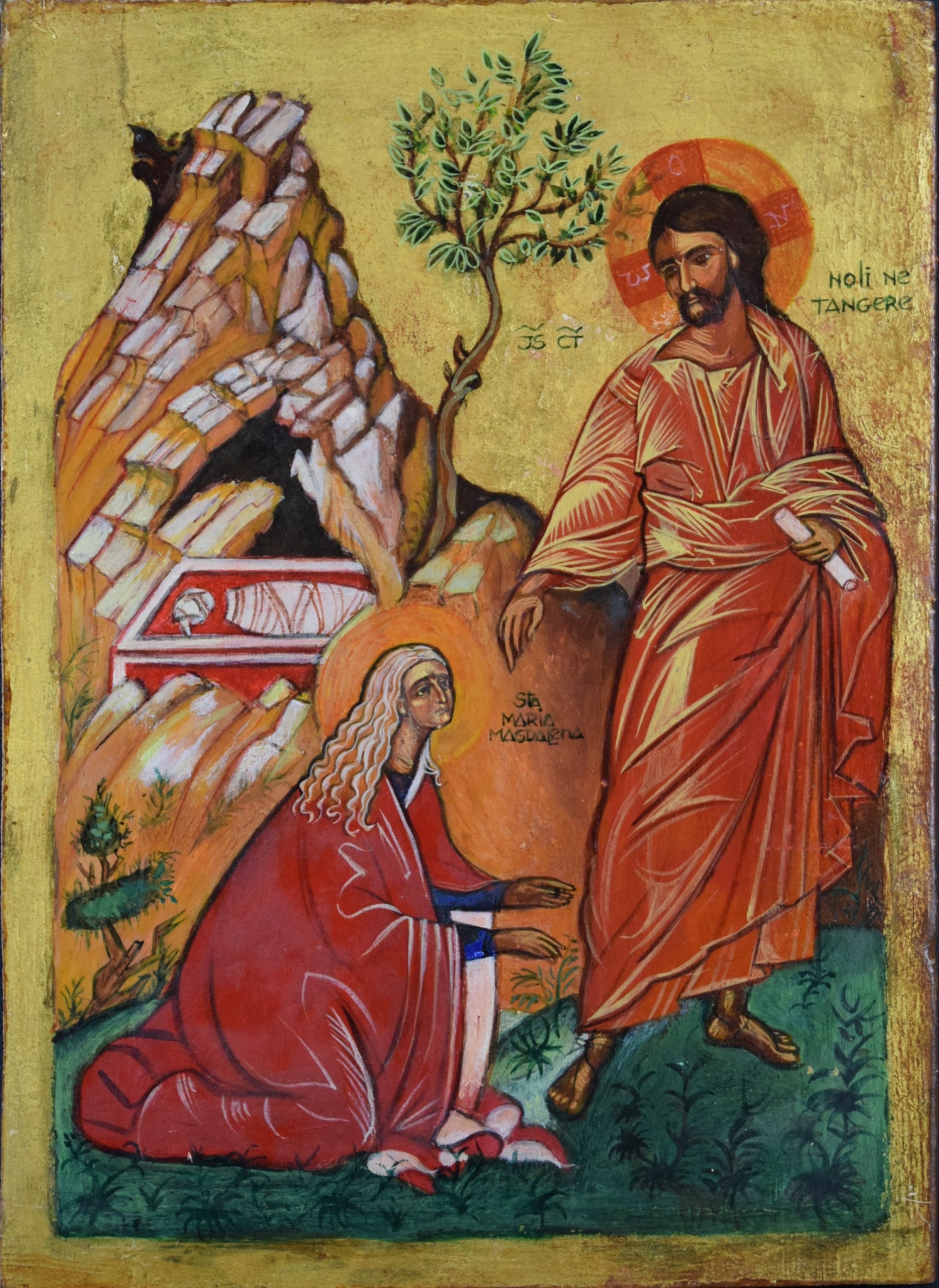 Vintage Jesus & Mary Magdalene in the Garden Greek Orthodox Icon Hand Painted on Wood Noli me Tangere