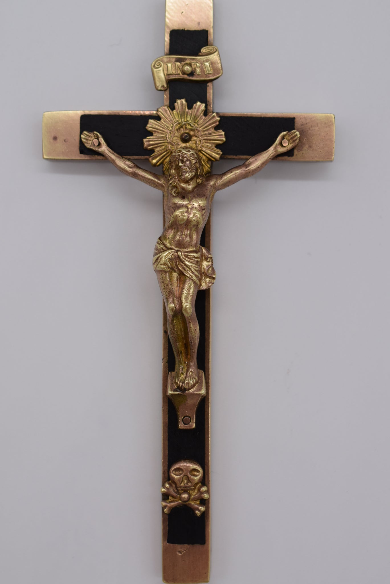 French Brass Ebony Inlay Nun's Pectoral Wall Cross Crucifix Skull