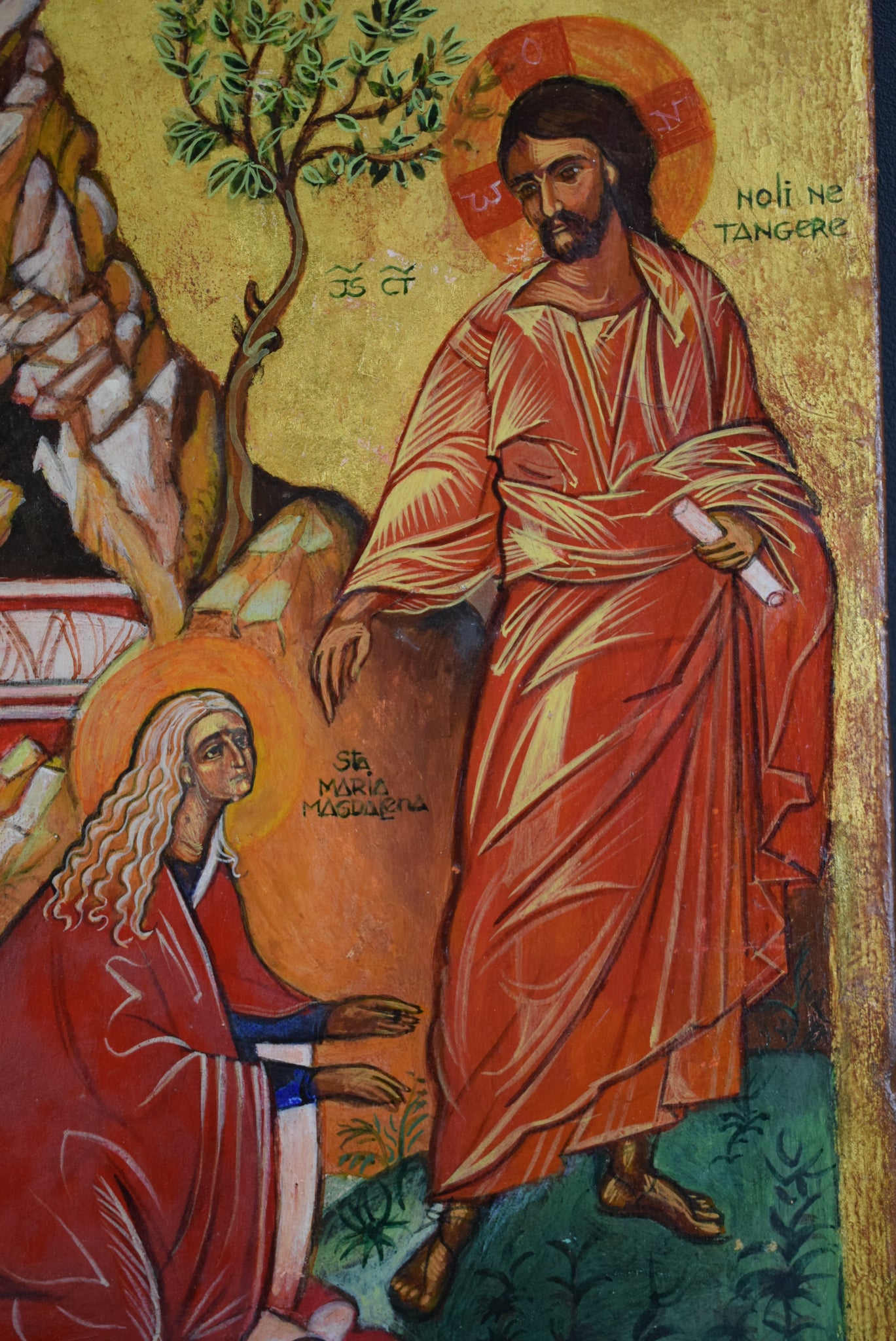 Vintage Jesus & Mary Magdalene in the Garden Greek Orthodox Icon Hand Painted on Wood Noli me Tangere