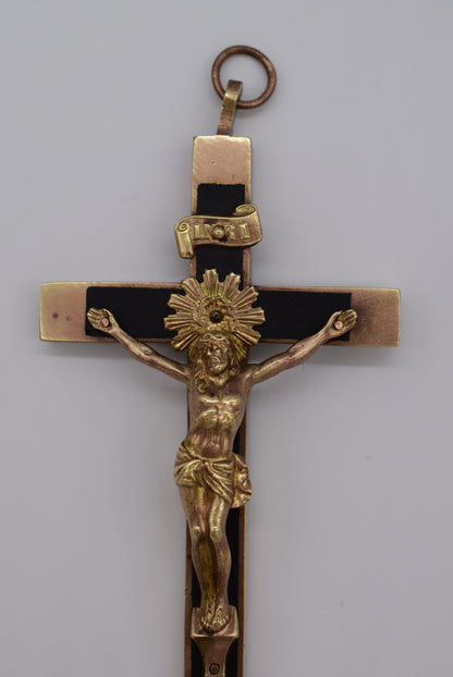 French Brass Ebony Inlay Nun's Pectoral Wall Cross Crucifix Skull