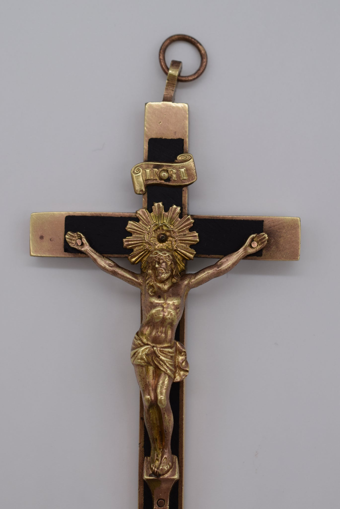 French Brass Ebony Inlay Nun's Pectoral Wall Cross Crucifix Skull