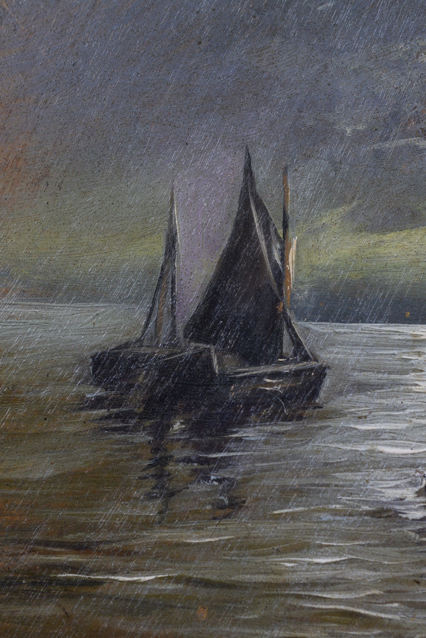 French Antique Oil Painting Seascape Sailboat Boat on Wood Artist Palette Signed