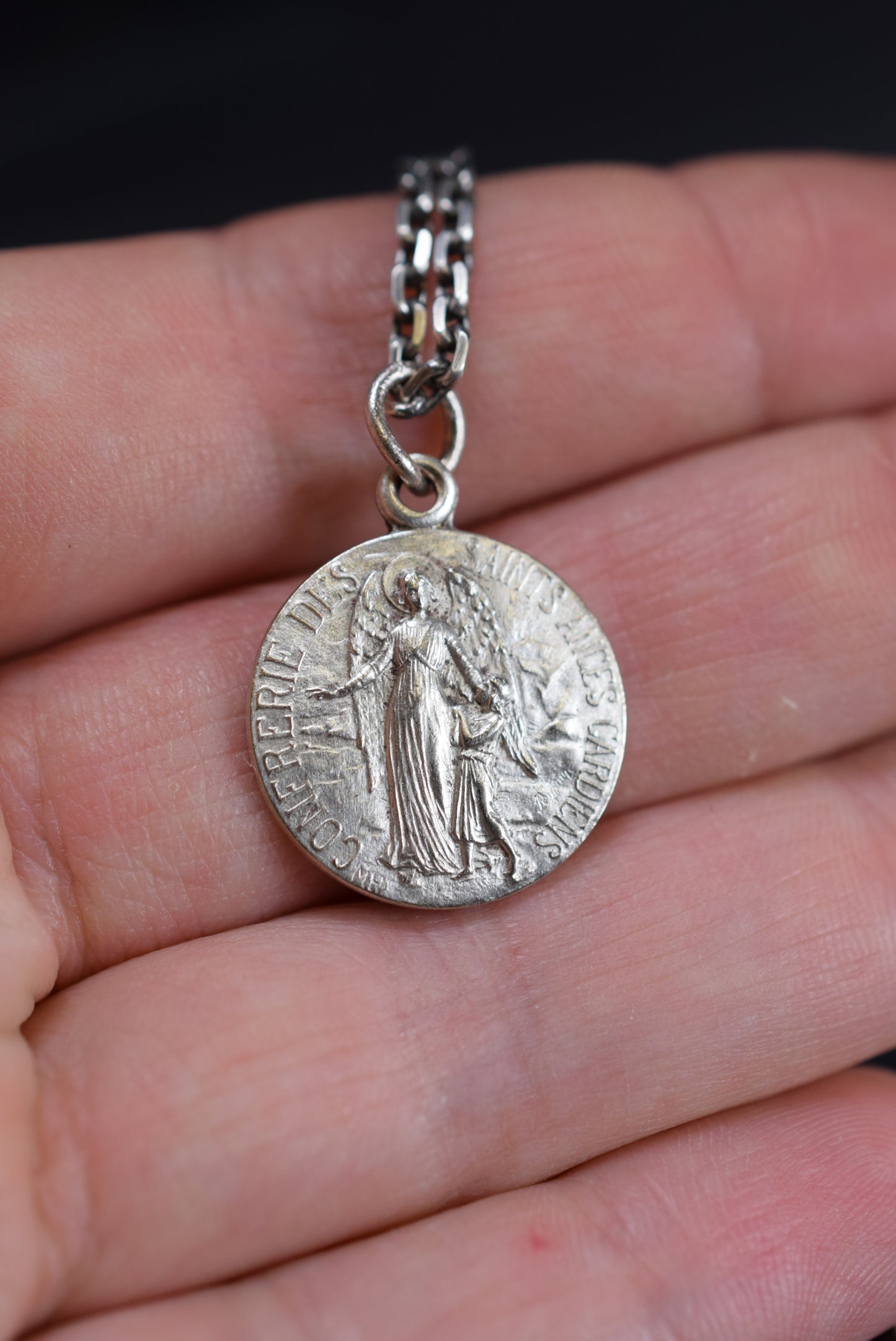 Antique French Medal Holy Guardian Angels Pendant Mary