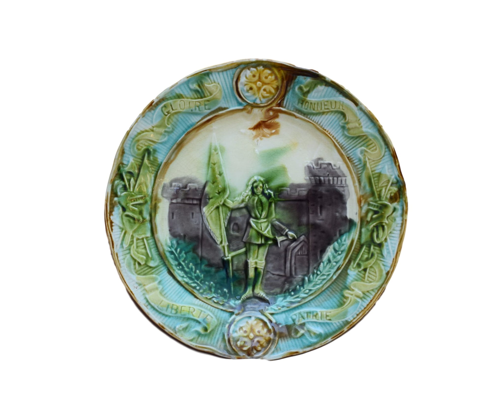 French Antique Majolica Saint Joan of Arc Wall Plate - Charmantiques