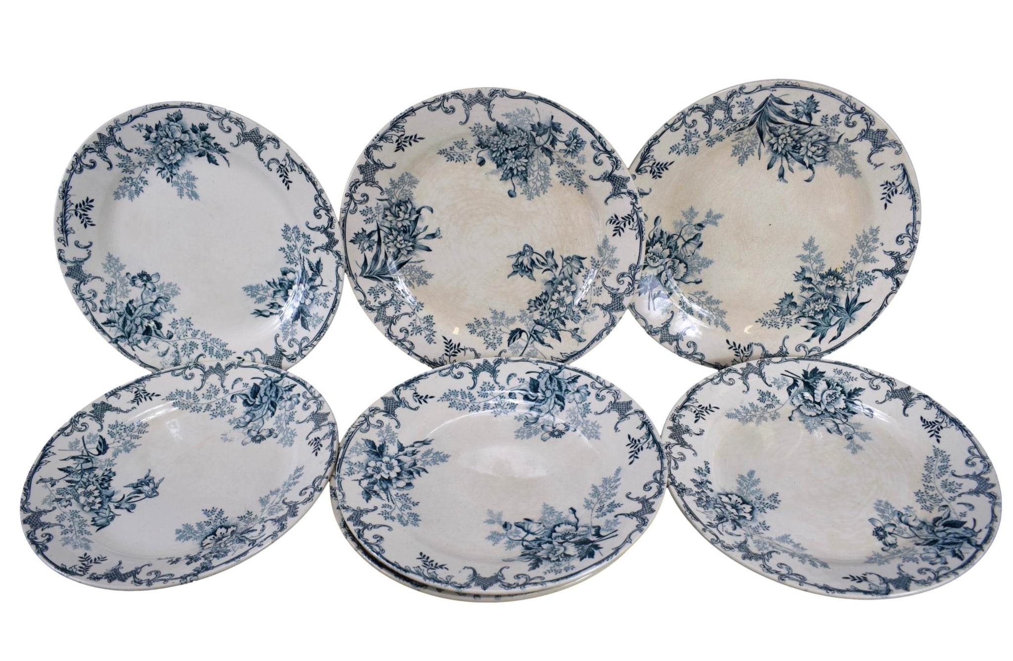 Vintage White and Blue Transferware Set of 7 Dessert Plates Salad Floral Design