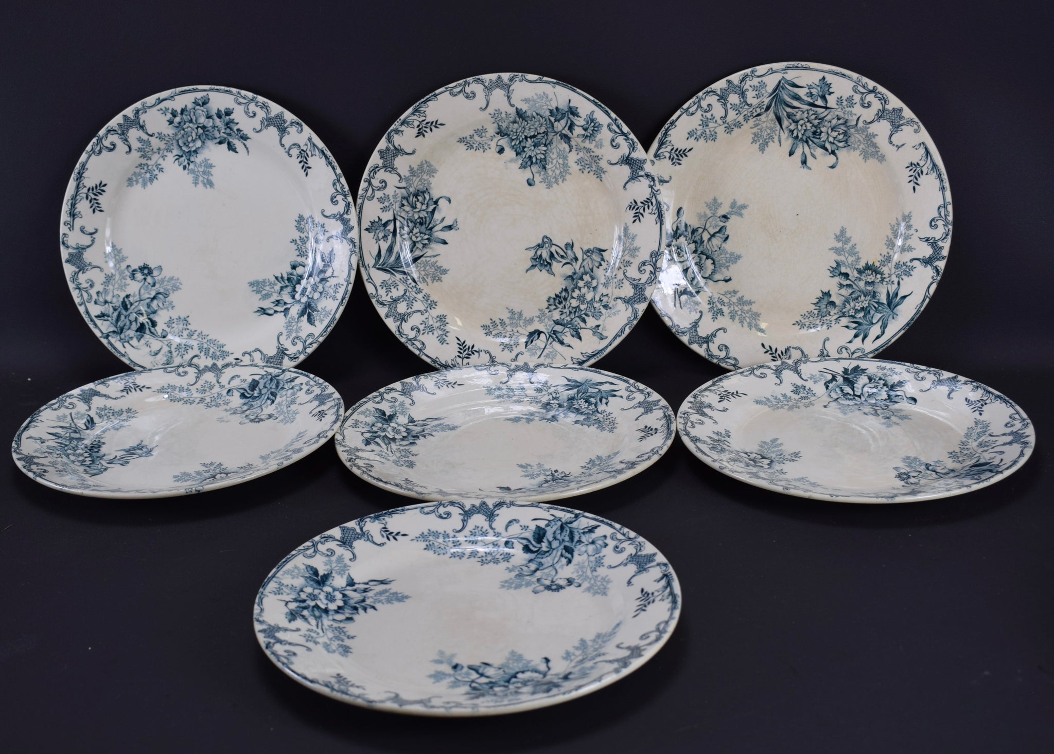 Vintage White and Blue Transferware Set of 7 Dessert Plates Salad Floral Design