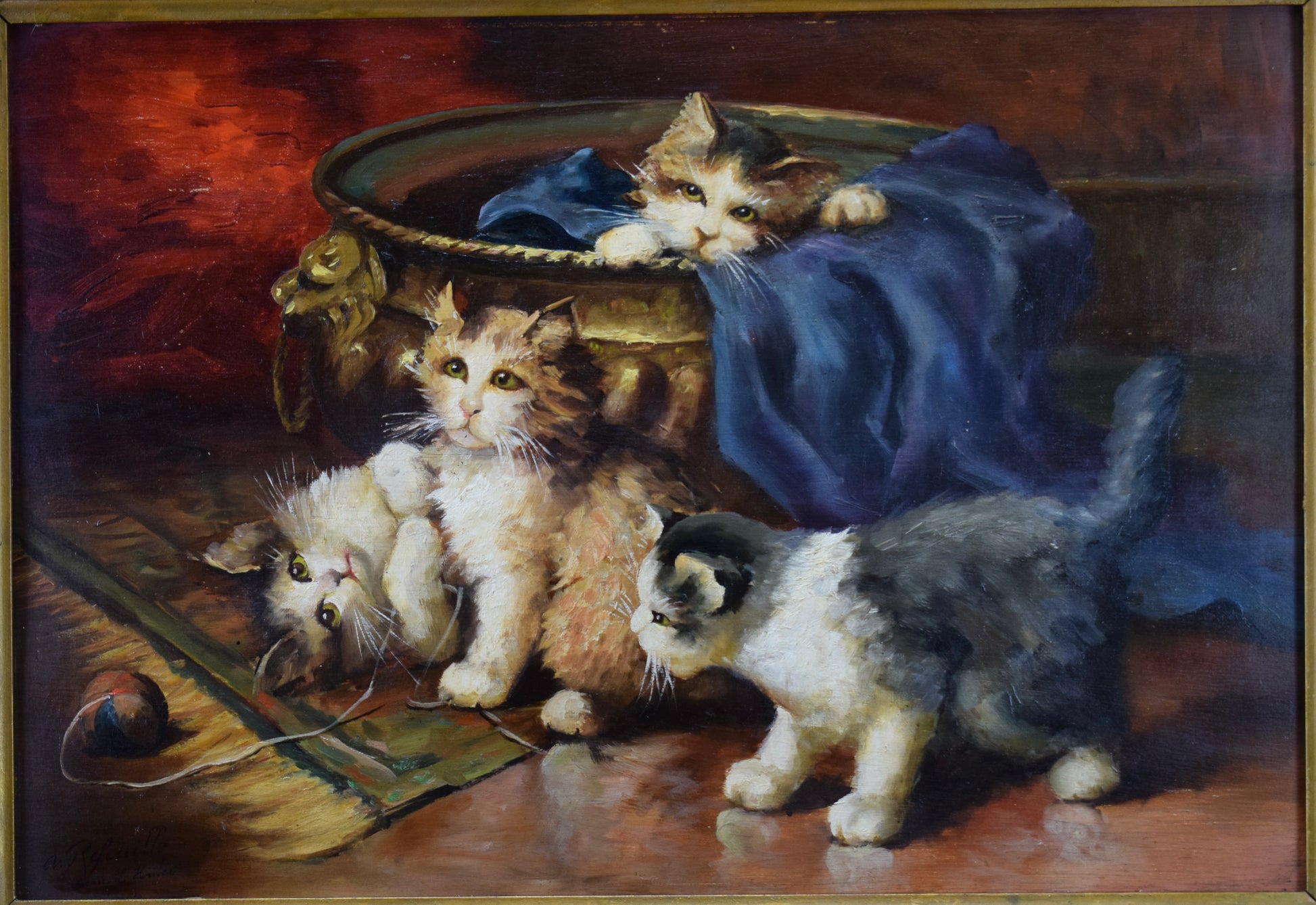 Kitten Oil Painting on Wood Panel After Leon Huber Original Art Vintage Frame