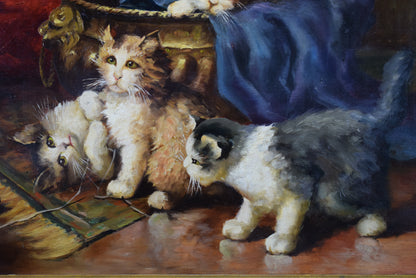 Peinture Huile Chaton sur Panneau Bois d'Après Léon Huber