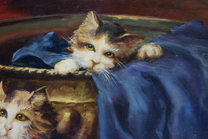 Peinture Huile Chaton sur Panneau Bois d'Après Léon Huber