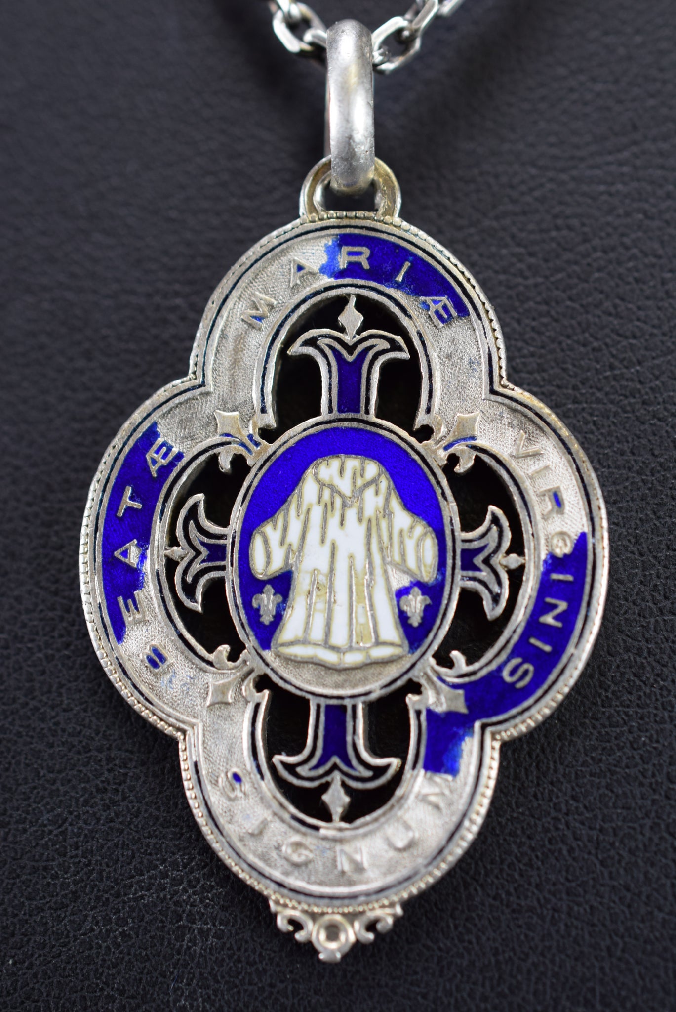 French Antique Enamel Sterling Silver Holy Dress of Holy Virgin Mary Medal Pendant Notre Dame de Chartres