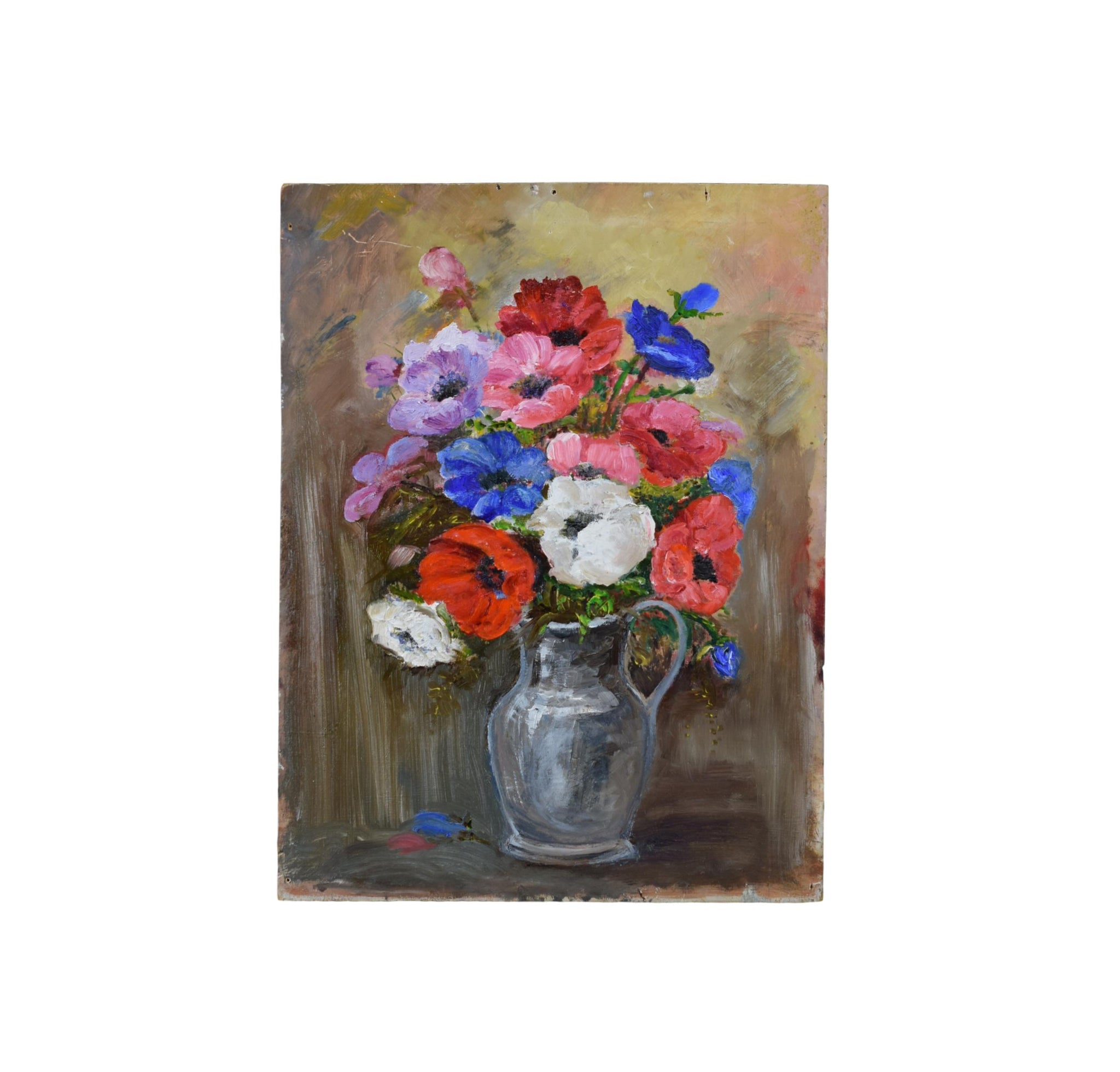 French Floral Still Life Vintage Oil Painting Blue Red Bunch Flowers