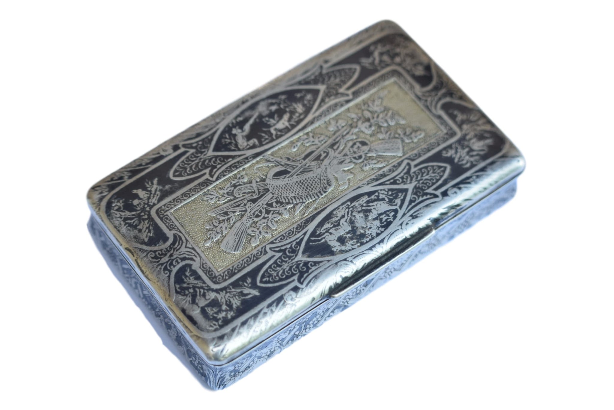 French Antique 19th.C Sterling Silver Niello Snuff Box - Charmantiques