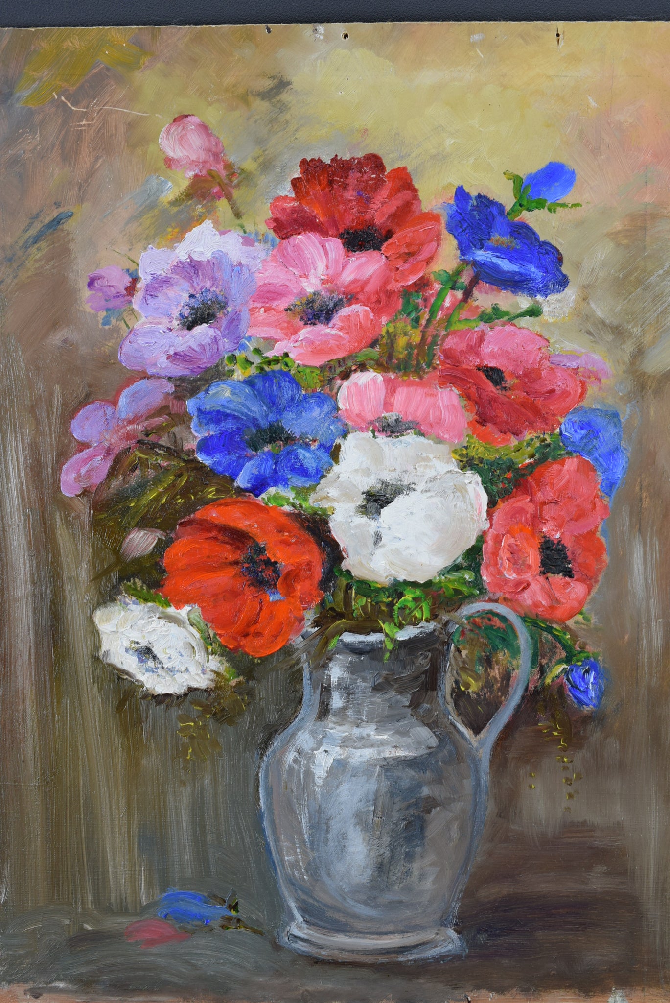 French Floral Still Life Vintage Oil Painting Blue Red Bunch Flowers