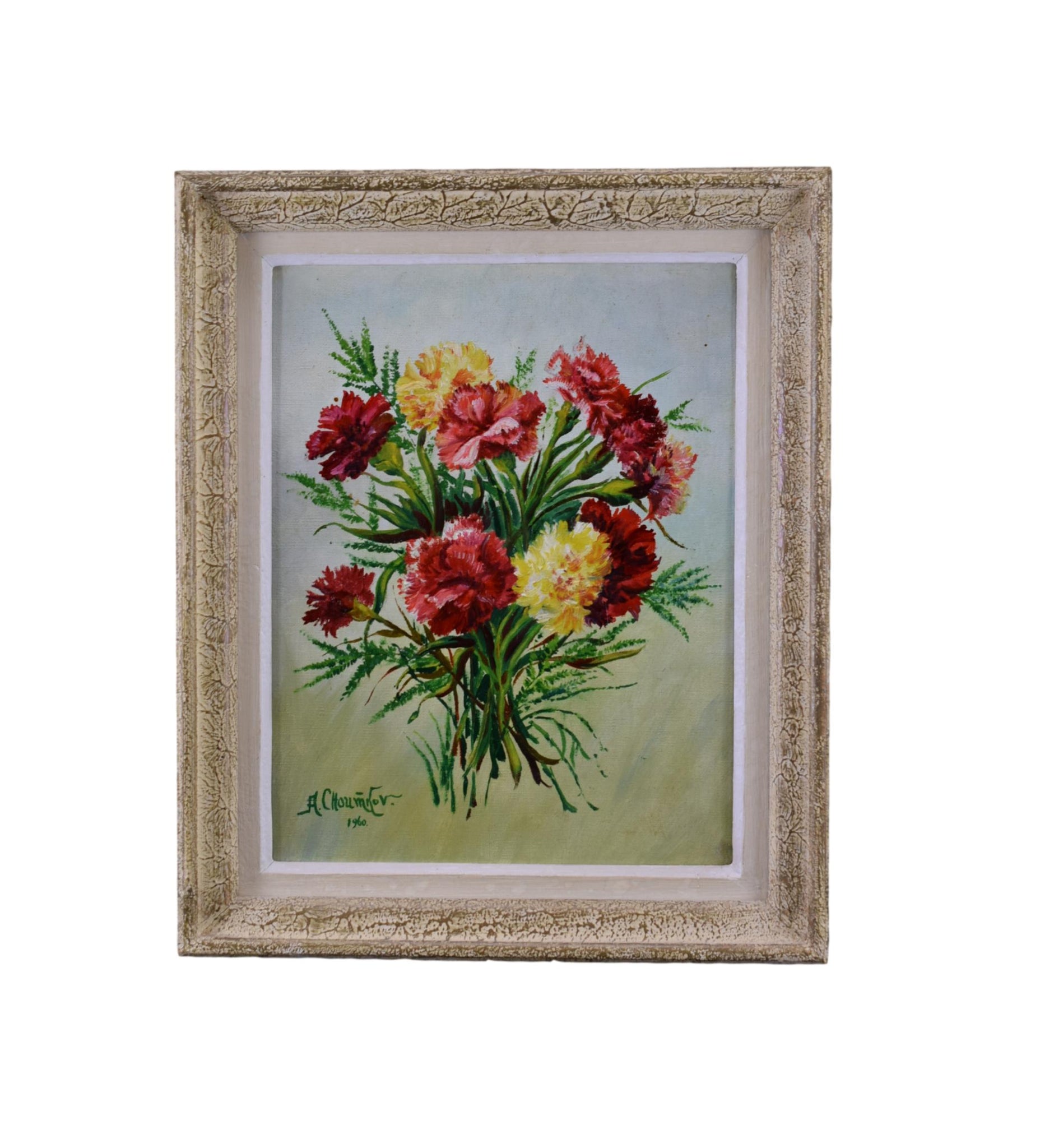 Oil Painting Bunch of Flowers Signed Floral Still Life Carnation