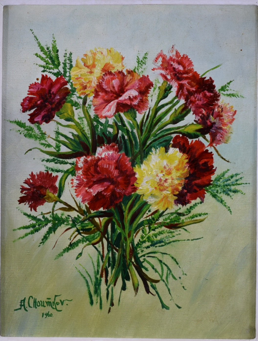 Oil Painting Bunch of Flowers Signed Floral Still Life Carnation