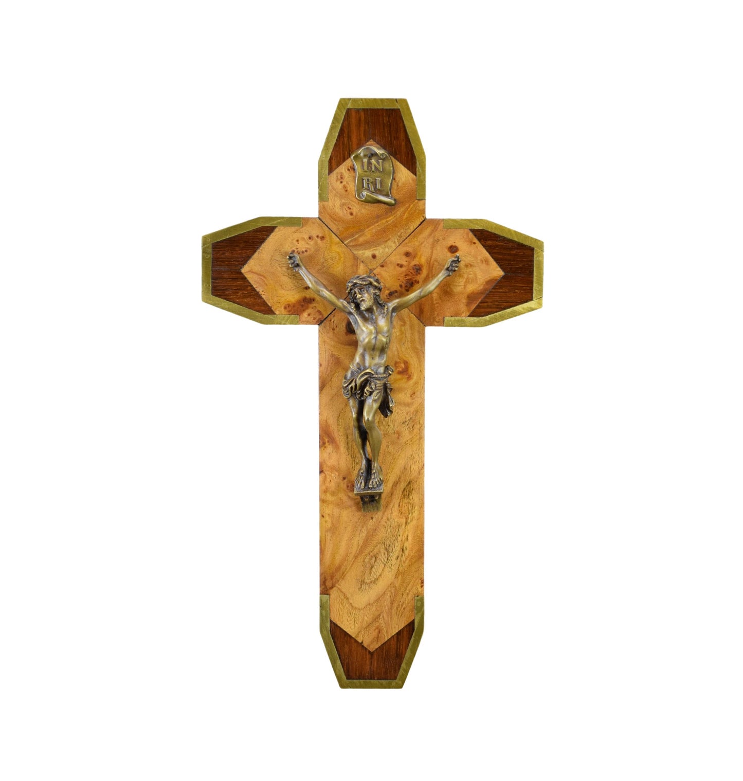 French Art Deco Wood Wall Cross Crucifix Bronze Brass