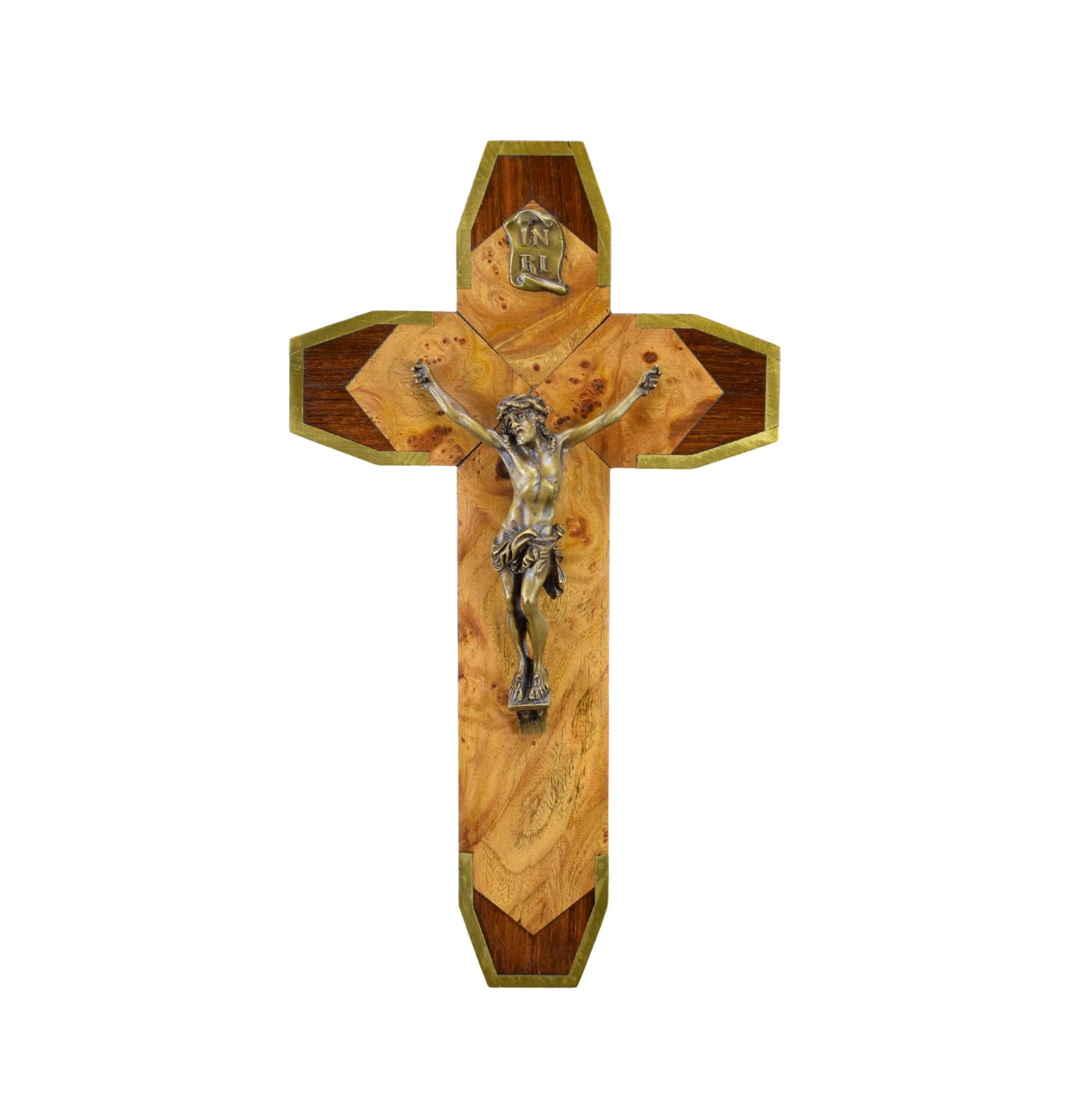 French Art Deco Wood Wall Cross Crucifix Bronze Brass