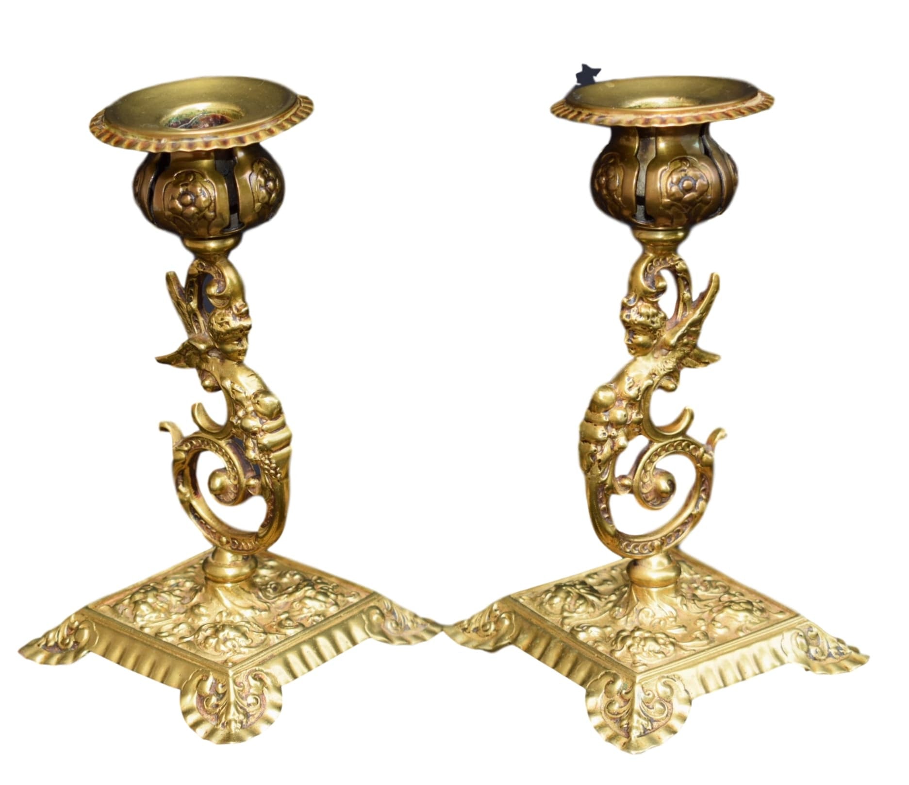 Pair of French Antique Ormolu Bronze Neo Classical Winged Woman  Candlesticks - Charmantiques
