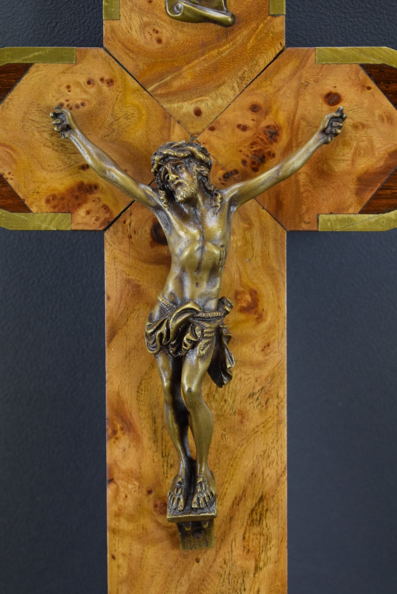 French Art Deco Wood Wall Cross Crucifix Bronze Brass