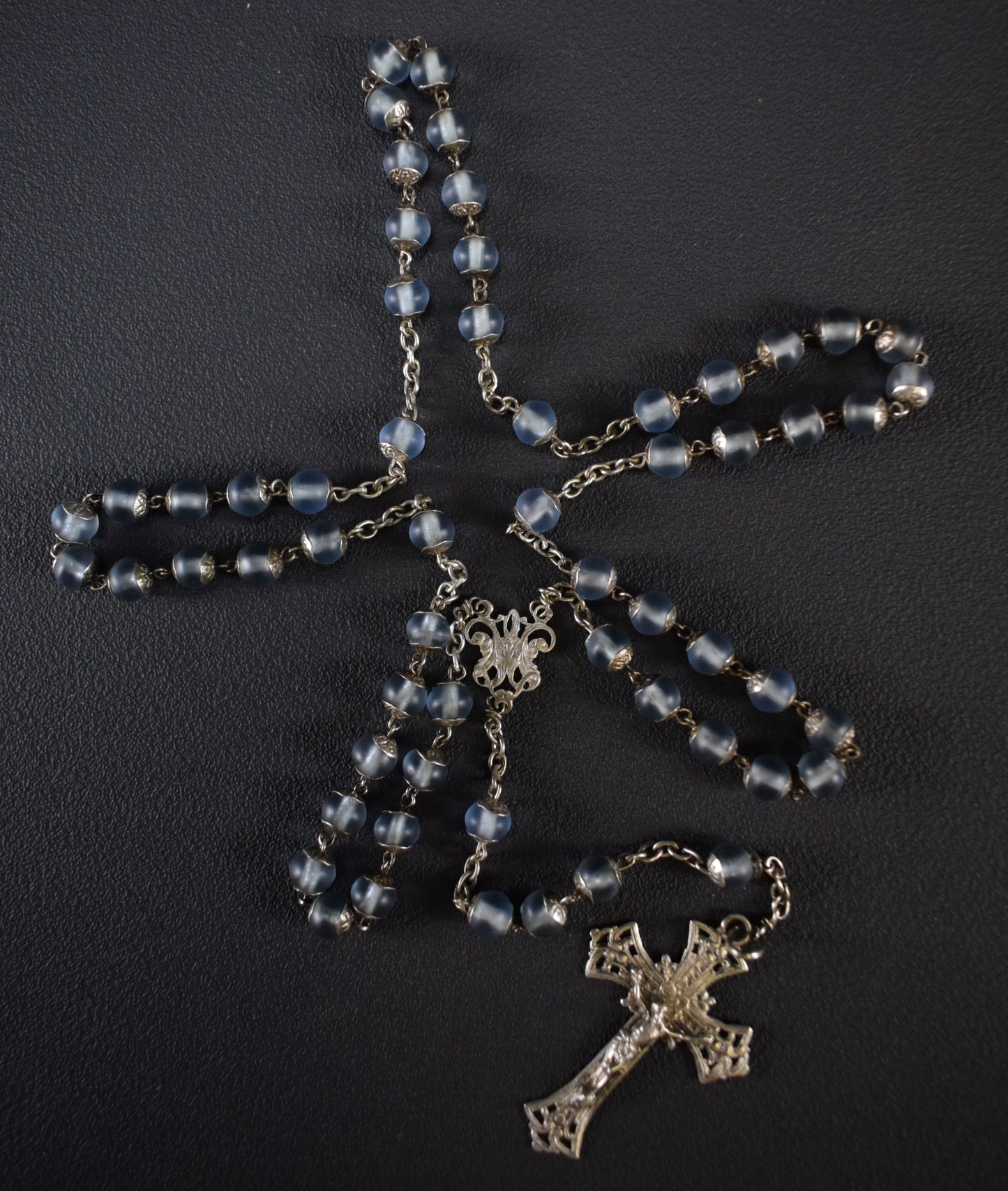 French Frosted Blue All Capped Glass Beads Silver Rosary