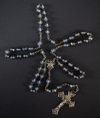 French Frosted Blue All Capped Glass Beads Silver Rosary