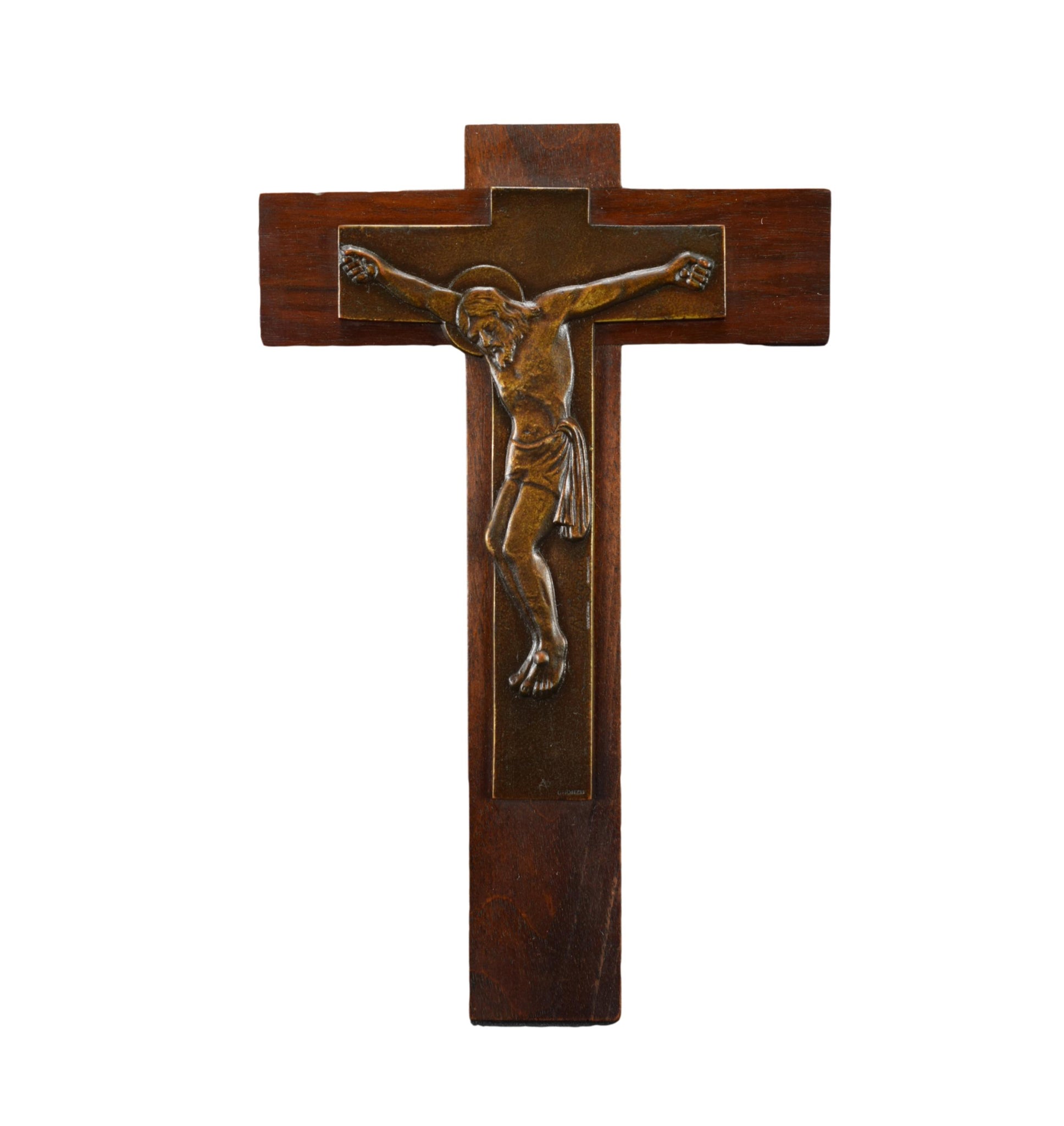 Vintage Bronze and Wood Wall Crucifix by Legrand