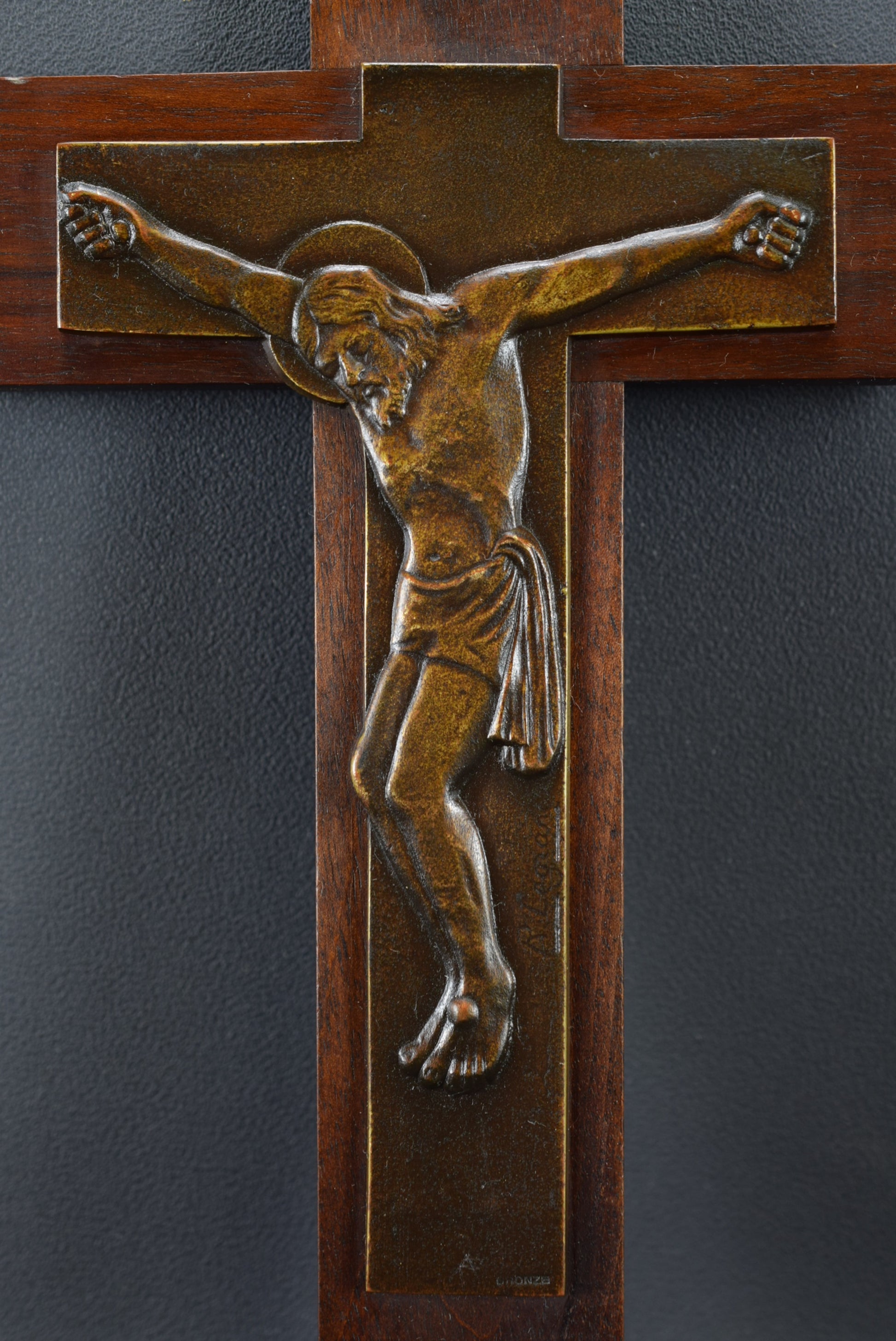 Vintage Bronze and Wood Wall Crucifix by Legrand