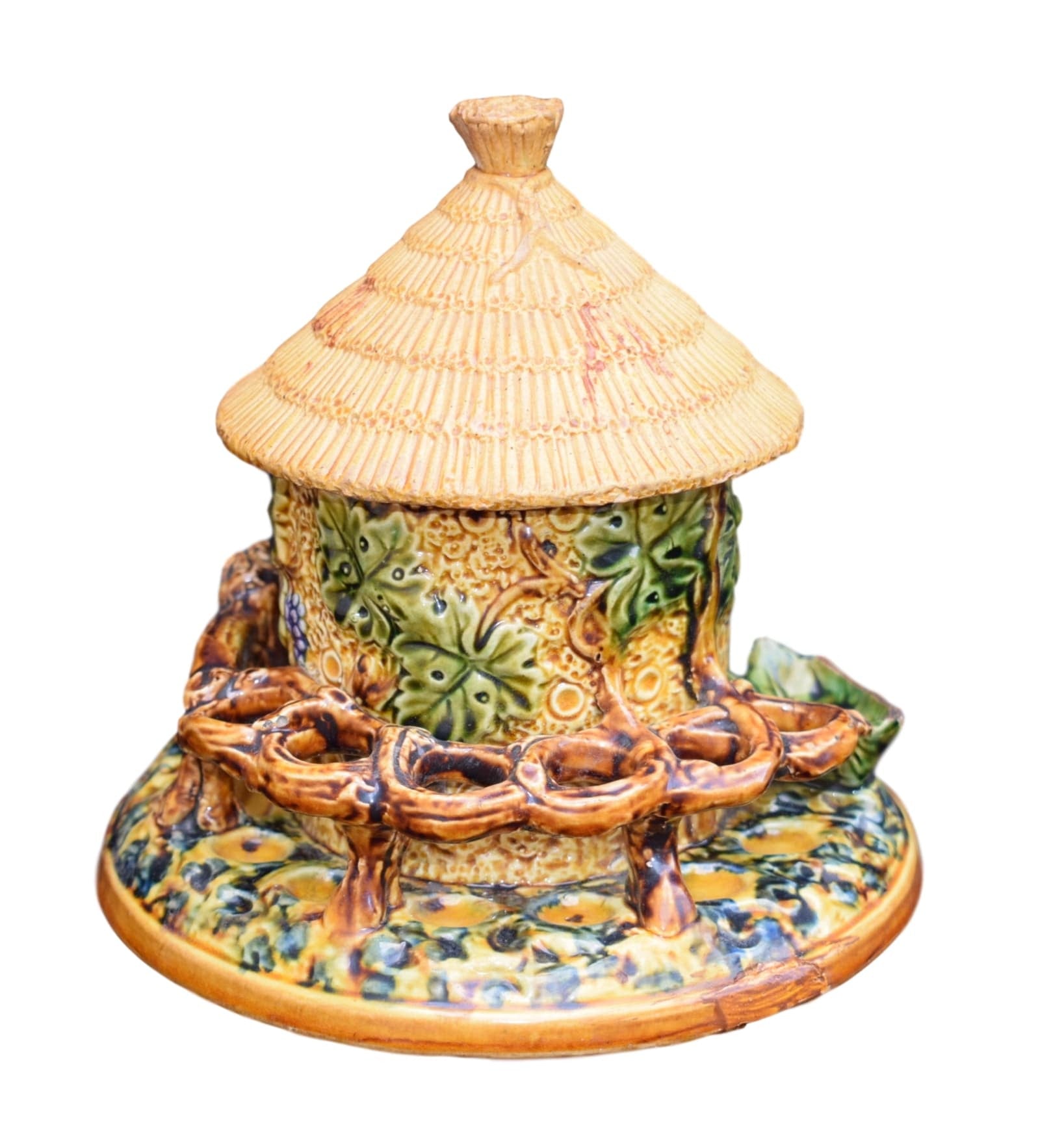 French Antique Majolica Tobacco Jar and Pipe Holder Depose M - Charmantiques