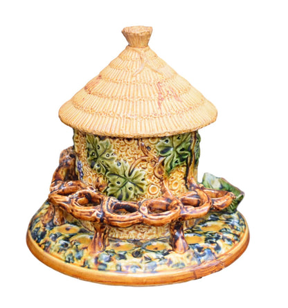 French Antique Majolica Tobacco Jar and Pipe Holder Depose M - Charmantiques