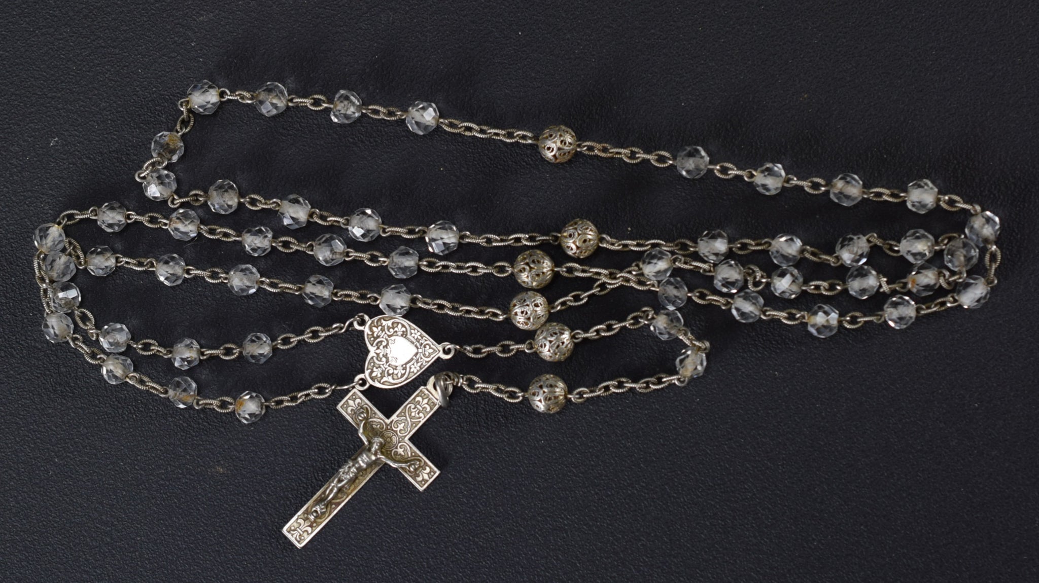 Sterling Silver and Faceted Beads Rosary Vintage Filigree