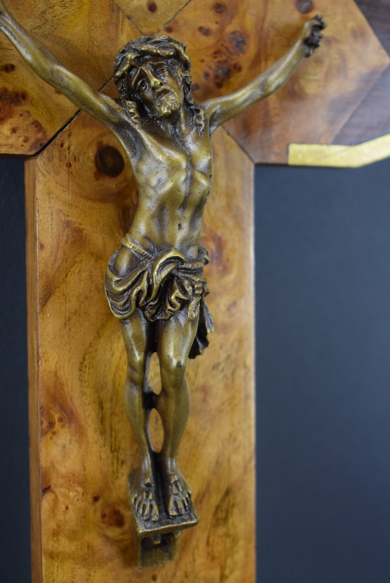 French Art Deco Wood Wall Cross Crucifix Bronze Brass