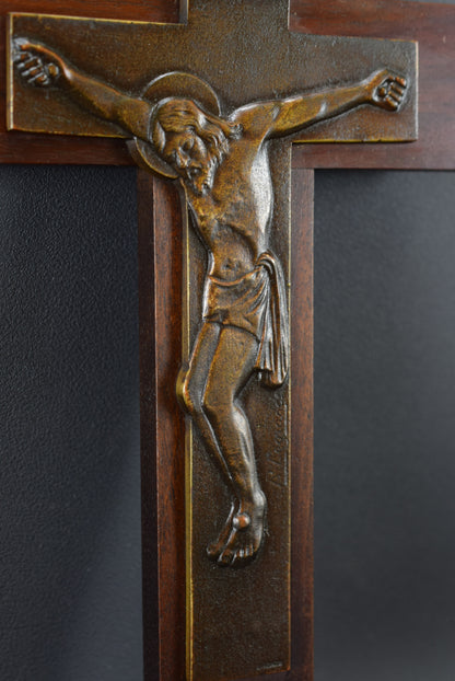 Vintage Bronze and Wood Wall Crucifix by Legrand